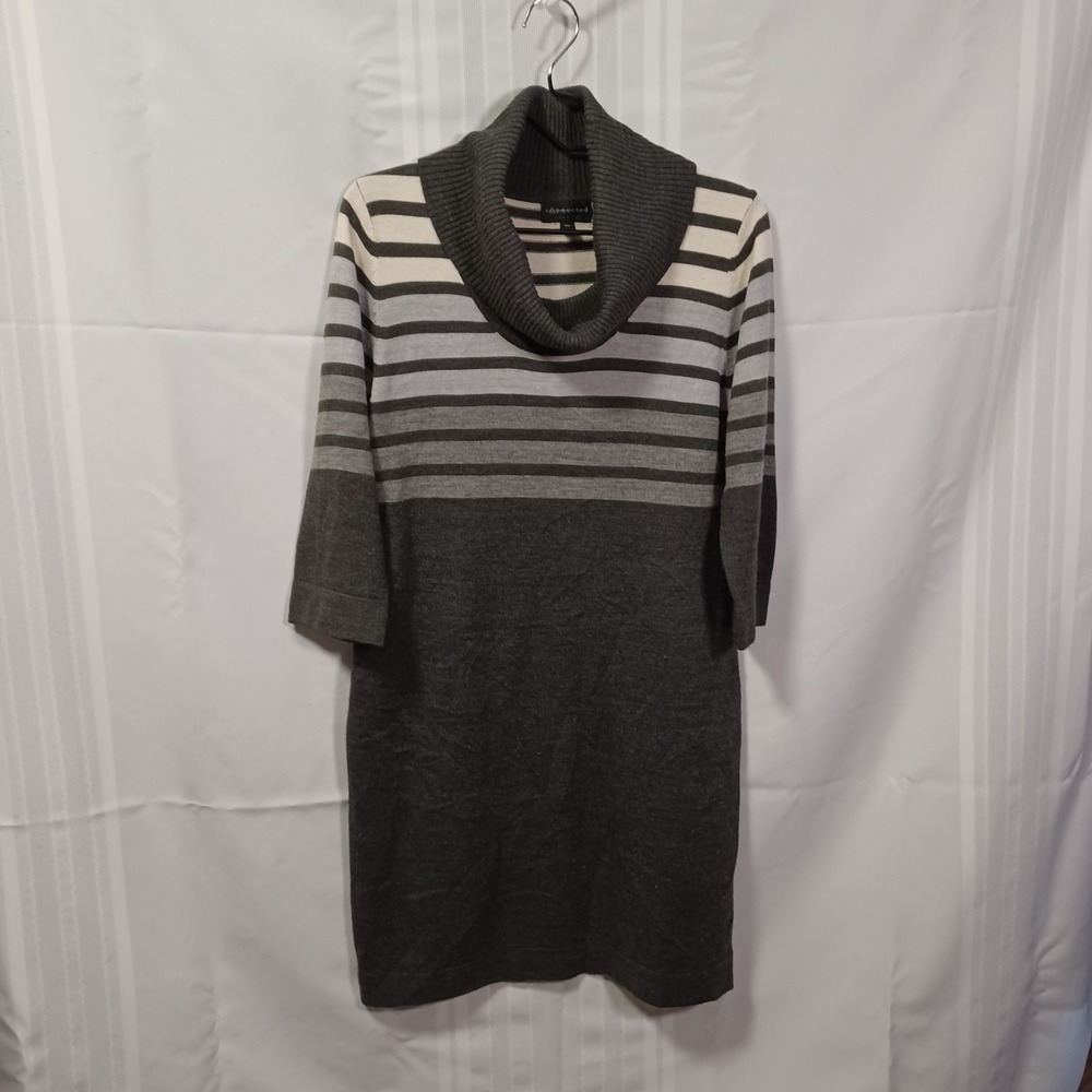 Connected Apparel Sweater Dress Womens PM Gray Striped Cowl Neck 3/4 Sleeve